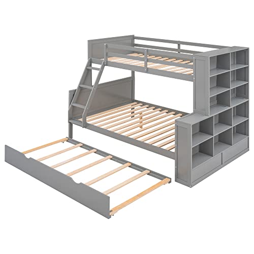 BIADNBZ Twin Over Full Bunk Bed with Trundle and Multiple Shelves, Separated into Three Separate Platform BedFrame, for Kids Teens Adults Bedroom, Gray