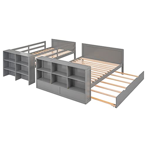 BIADNBZ Twin Over Full Bunk Bed with Trundle and Multiple Shelves, Separated into Three Separate Platform BedFrame, for Kids Teens Adults Bedroom, Gray