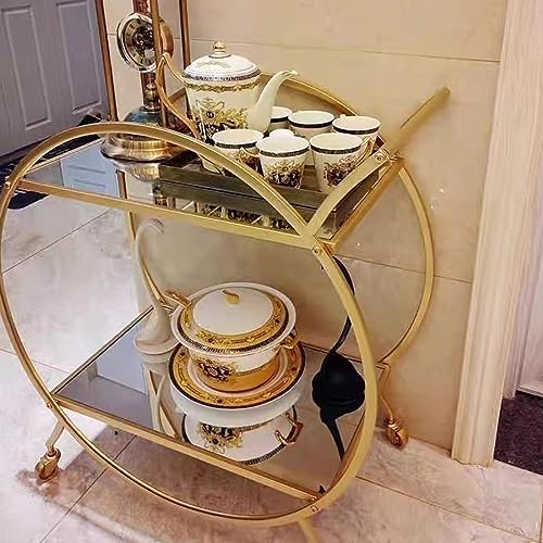 VLOBAOM 2-Tier Round Bar Serving Cart with Mirror Glass Shelves, Golden Dining Car Trolley, Standing Shelf Units, Flower Stand Display Rack,27''Dx15''Wx29''H,Gold