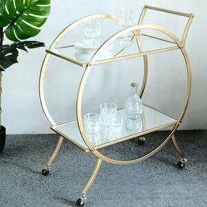 vlobaom round serving bar cart with lockable wheelss, golden dining car trolley, standing shelf units, flower stand display rack,27''dx15''wx29''h, mirror glass