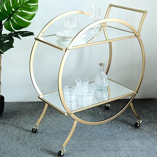 VLOBAOM Round Serving Bar Cart with Lockable Wheelss, Golden Dining Car Trolley, Standing Shelf Units, Flower Stand Display Rack,27''Dx15''Wx29''H, Mirror Glass