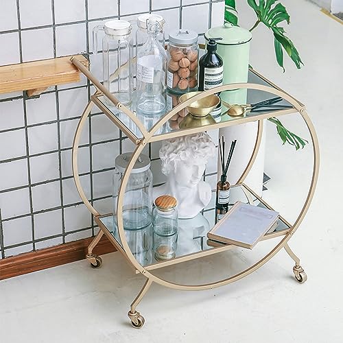 VLOBAOM Round Serving Bar Cart with Lockable Wheelss, Golden Dining Car Trolley, Standing Shelf Units, Flower Stand Display Rack,27''Dx15''Wx29''H, Mirror Glass