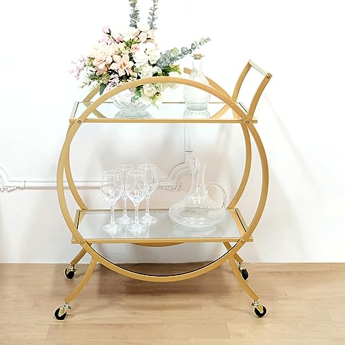 VLOBAOM Round Serving Bar Cart with Lockable Wheelss, Golden Dining Car Trolley, Standing Shelf Units, Flower Stand Display Rack,27''Dx15''Wx29''H, Mirror Glass