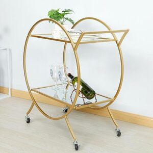 VLOBAOM Round Serving Bar Cart with Lockable Wheelss, Golden Dining Car Trolley, Standing Shelf Units, Flower Stand Display Rack,27''Dx15''Wx29''H, Mirror Glass
