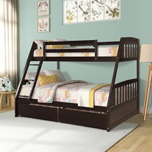 fiqhome twin over full bunk bed with two storage drawers, solid wood bunk bed for kids,teens, adults,convertible to 2 separated beds, espresso