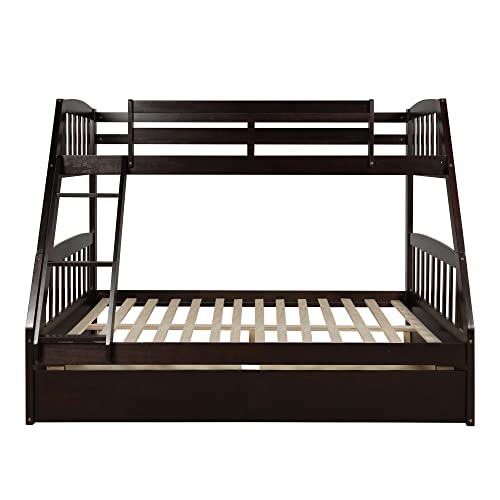 FIQHOME Twin Over Full Bunk Bed with Two Storage Drawers, Solid Wood Bunk Bed for Kids,Teens, Adults,Convertible to 2 Separated Beds, Espresso