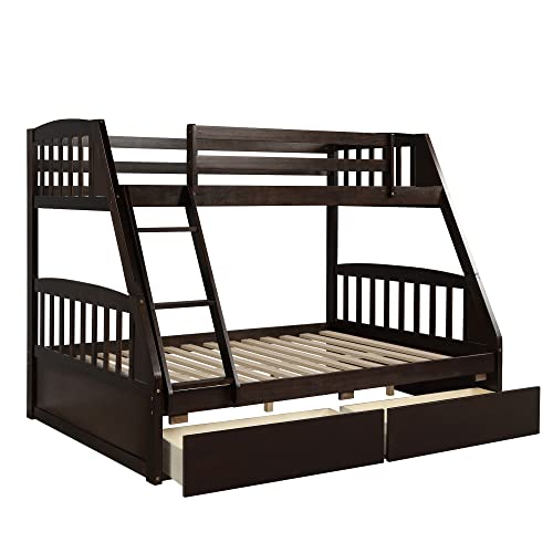 FIQHOME Twin Over Full Bunk Bed with Two Storage Drawers, Solid Wood Bunk Bed for Kids,Teens, Adults,Convertible to 2 Separated Beds, Espresso