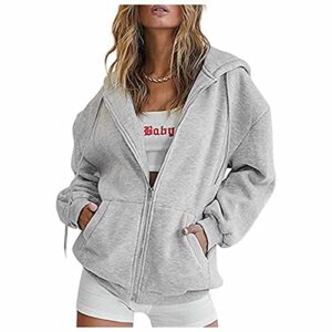 lingbing womens long sleeve sweatshirt, women's y2k hoodies casual long sleeve sweatshirts track jackets with pockets grey