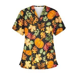 petyczen women's halloween scrub tops cute pumpkin ghost print short sleeve v neck t shirts anti wrinkle stretchy working nurse uniform medical scrub tops blouses with pockets l-yellow 5x-large