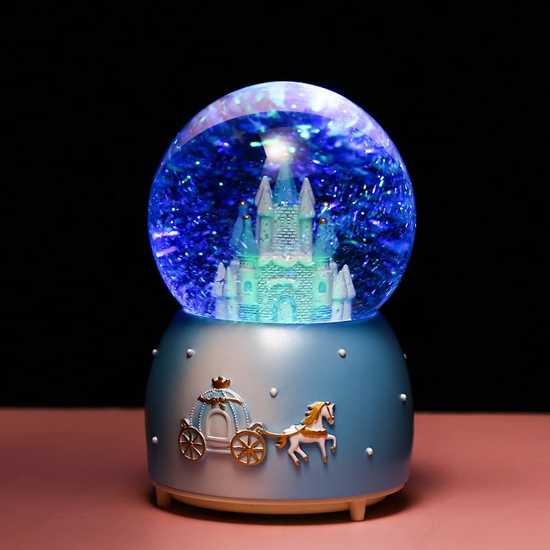 Snow Globe Castle Crystal Ball Automatic Snowfall Musical Rotating Crystal Ball with 7 Color Changing Lights Music Box Castle for Girls Boys Xmas Santa