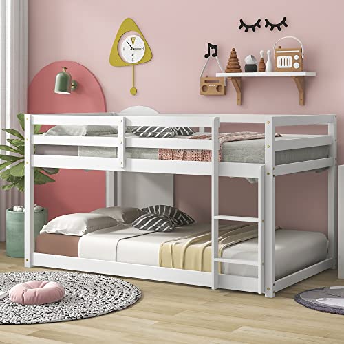 Tidyard Twin Over Twin Floor Bunk Bed, White for Bedroom Dorm Guest Room Living Room Furniture