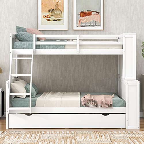 BIADNBZ Twin Over Full Bunk Bed with Trundle and Shelves, Can Be Separated into Three Separate Platform-Beds for Teens/Adults, Space-Saving Design, White