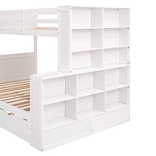 BIADNBZ Twin Over Full Bunk Bed with Trundle and Shelves, Can Be Separated into Three Separate Platform-Beds for Teens/Adults, Space-Saving Design, White