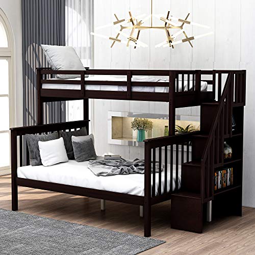 BIADNBZ Twin Over Full Bunk Bed with Stairs Storage and Safety Guardrails, Solid Wood Bunkbeds Frame for Kids Teens Adults Bedroom Dorm, Espresso