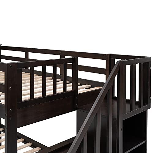 BIADNBZ Twin Over Full Bunk Bed with Stairs Storage and Safety Guardrails, Solid Wood Bunkbeds Frame for Kids Teens Adults Bedroom Dorm, Espresso