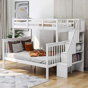 biadnbz twin over full bunk bed with stairs storage and safety guardrails, solid wood bunkbeds frame for kids teens adults bedroom dorm, white