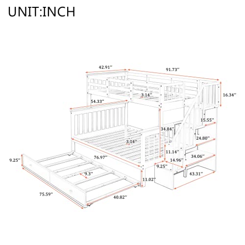 FIQHOME Stairway Twin-Over-Full Bunk Bed with Twin Size Trundle,Bunk Bed Frame Convertible into 2 Beds Storage and Guard Rail for Bedroom, Dorm, for Adults, White