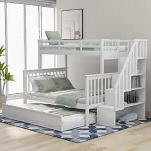 fiqhome stairway twin-over-full bunk bed with twin size trundle,bunk bed frame convertible into 2 beds storage and guard rail for bedroom, dorm, for adults, white
