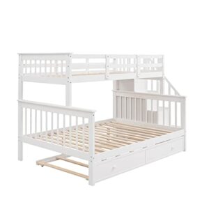 FIQHOME Stairway Twin-Over-Full Bunk Bed with Twin Size Trundle,Bunk Bed Frame Convertible into 2 Beds Storage and Guard Rail for Bedroom, Dorm, for Adults, White
