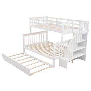 FIQHOME Stairway Twin-Over-Full Bunk Bed with Twin Size Trundle,Bunk Bed Frame Convertible into 2 Beds Storage and Guard Rail for Bedroom, Dorm, for Adults, White