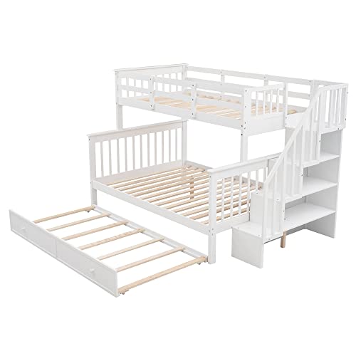 FIQHOME Stairway Twin-Over-Full Bunk Bed with Twin Size Trundle,Bunk Bed Frame Convertible into 2 Beds Storage and Guard Rail for Bedroom, Dorm, for Adults, White