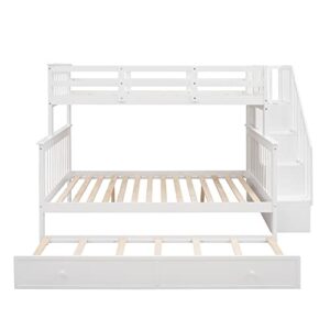 FIQHOME Stairway Twin-Over-Full Bunk Bed with Twin Size Trundle,Bunk Bed Frame Convertible into 2 Beds Storage and Guard Rail for Bedroom, Dorm, for Adults, White