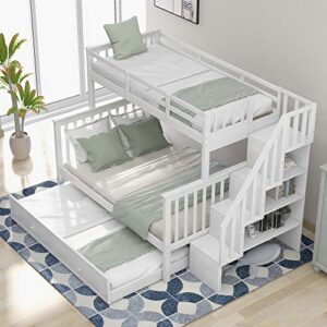 FIQHOME Stairway Twin-Over-Full Bunk Bed with Twin Size Trundle,Bunk Bed Frame Convertible into 2 Beds Storage and Guard Rail for Bedroom, Dorm, for Adults, White