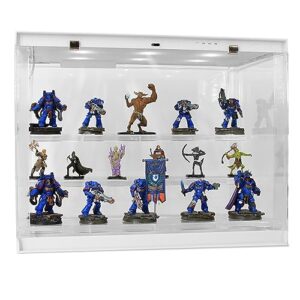 casematix led miniature display case with three tiered acrylic miniature storage figure case rows, includes 20 residue free grip pads compatible with standard miniatures and large warhammer 40k, dnd