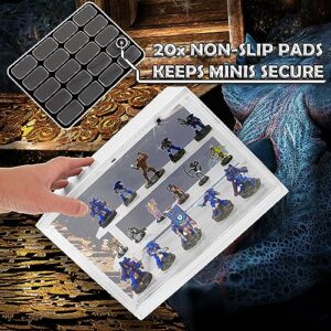 CASEMATIX LED Miniature Display Case with Three Tiered Acrylic Miniature Storage Figure Case Rows, Includes 20 Residue Free Grip Pads Compatible with Standard Miniatures and Large Warhammer 40k, DND
