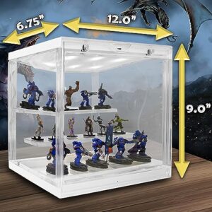 CASEMATIX LED Miniature Display Case with Three Tiered Acrylic Miniature Storage Figure Case Rows, Includes 20 Residue Free Grip Pads Compatible with Standard Miniatures and Large Warhammer 40k, DND