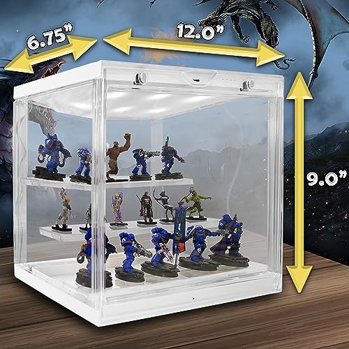 CASEMATIX LED Miniature Display Case with Three Tiered Acrylic Miniature Storage Figure Case Rows, Includes 20 Residue Free Grip Pads Compatible with Standard Miniatures and Large Warhammer 40k, DND