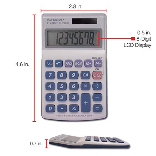Sharp HO EL240SB 8 Digit Solar and Battery Powered Slant Display Calculator, White, 2 3/4 x 4 1/2 (EL240SAB)
