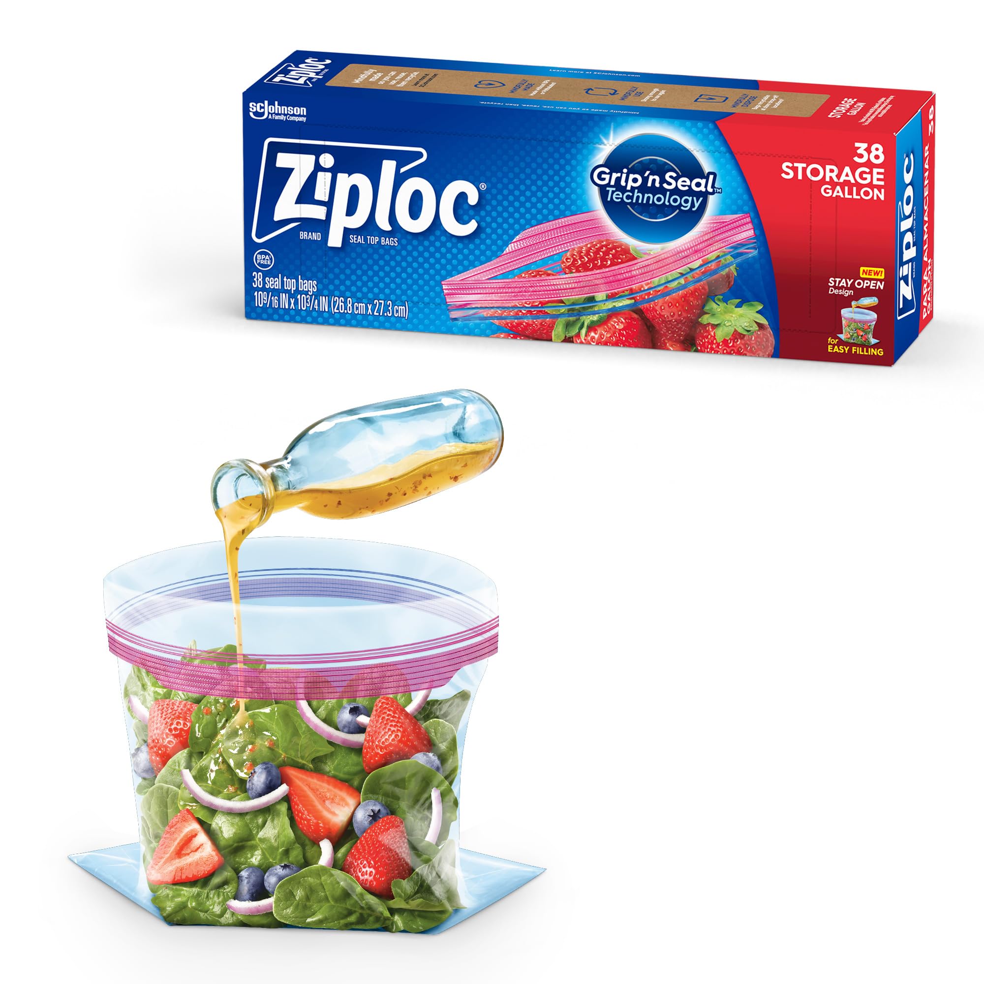 Ziploc Gallon Food Storage Bags, New Stay Open Design with Stand-Up Bottom, Easy to Fill, 38 Count