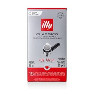 illy classico e.s.e. pods , medium roast, classic roast with notes of chocolate & caramel, 100% arabica coffee, all-natural, no preservatives, 18 count (pack of 1)