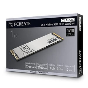 TEAMGROUP T-CREATE CLASSIC 1TB for Creators 3D NAND TLC NVMe 1.3 M.2 PCIe Gen3x4 2280 Internal Solid State Drive SSD (Read Speed up to 2100MB/s) TBW 600TB for Laptop & PC Desktop TM8FPE001T0C611