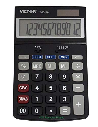 Victor 1180-3A 12-Digit Standard Function Calculator, Battery and Solar Hybrid Powered Adjustable Angle LCD Display, Great for Home and Office Desks, Black