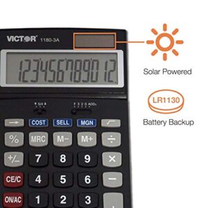 Victor 1180-3A 12-Digit Standard Function Calculator, Battery and Solar Hybrid Powered Adjustable Angle LCD Display, Great for Home and Office Desks, Black