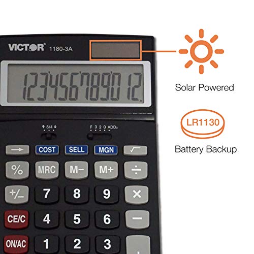 Victor 1180-3A 12-Digit Standard Function Calculator, Battery and Solar Hybrid Powered Adjustable Angle LCD Display, Great for Home and Office Desks, Black