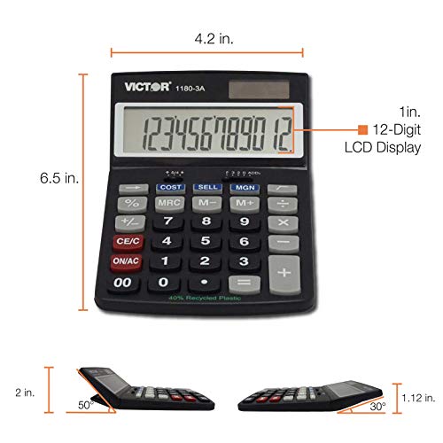 Victor 1180-3A 12-Digit Standard Function Calculator, Battery and Solar Hybrid Powered Adjustable Angle LCD Display, Great for Home and Office Desks, Black