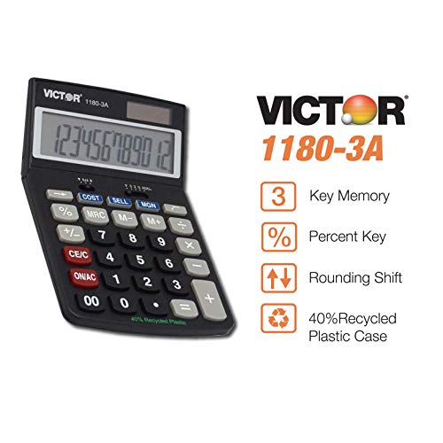 Victor 1180-3A 12-Digit Standard Function Calculator, Battery and Solar Hybrid Powered Adjustable Angle LCD Display, Great for Home and Office Desks, Black