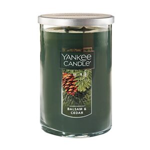yankee candle balsam & cedar scented, classic 22oz large tumbler 2-wick candle, over 75 hours of burn time
