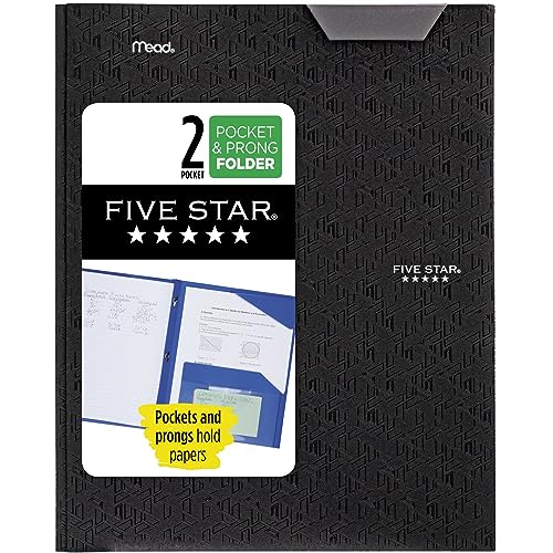 Five Star 2 Pocket Folder, Stay-Put Folder, Plastic Colored Folders with Pockets & Prong Fasteners for 3-Ring Binders, Great for Home School Supplies & Home Office, 11” x 8-1/2, Black (72113)