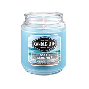 candle-lite scented ocean blue mist fragrance, one 18 oz. single-wick aromatherapy candle with 110 hours of burn time, light color