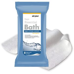 stryker - sage essential bath cleansing washcloths - 30 packages, 240 cloths - fresh scent, no-rinse bathing wipes, ultra-soft and medium weight cloth, hypoallergenic