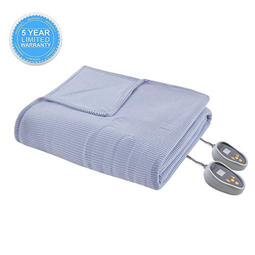 Beautyrest Electric Blanket Luxurious Micro Fleece Ultra Soft Ribbed Textured, Cozy and Snuggly Cover for Cold Weather, Fast Heating, Auto Shut Off, 20 Level Heat Setting Controller, King, Blue
