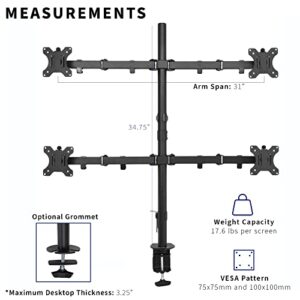 VIVO Quad 13 to 30 inch LCD Monitor Desk Mount, Fully Adjustable Stand with Tilt and Swivel, Holds 4 Screens with Max VESA 100x100, STAND-V004