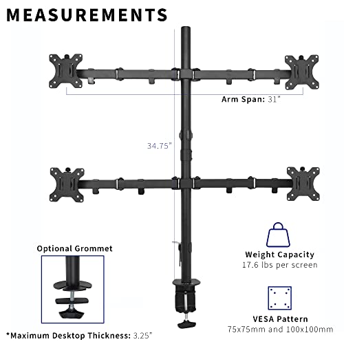 VIVO Quad 13 to 30 inch LCD Monitor Desk Mount, Fully Adjustable Stand with Tilt and Swivel, Holds 4 Screens with Max VESA 100x100, STAND-V004