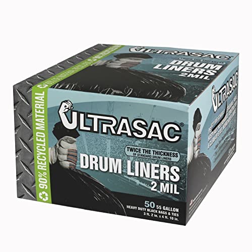 Ultrasac - Heavy Duty Drum Liner, 55-60 Gallon, 2 Mil, 38"x58", Black, 50 Count/w Ties