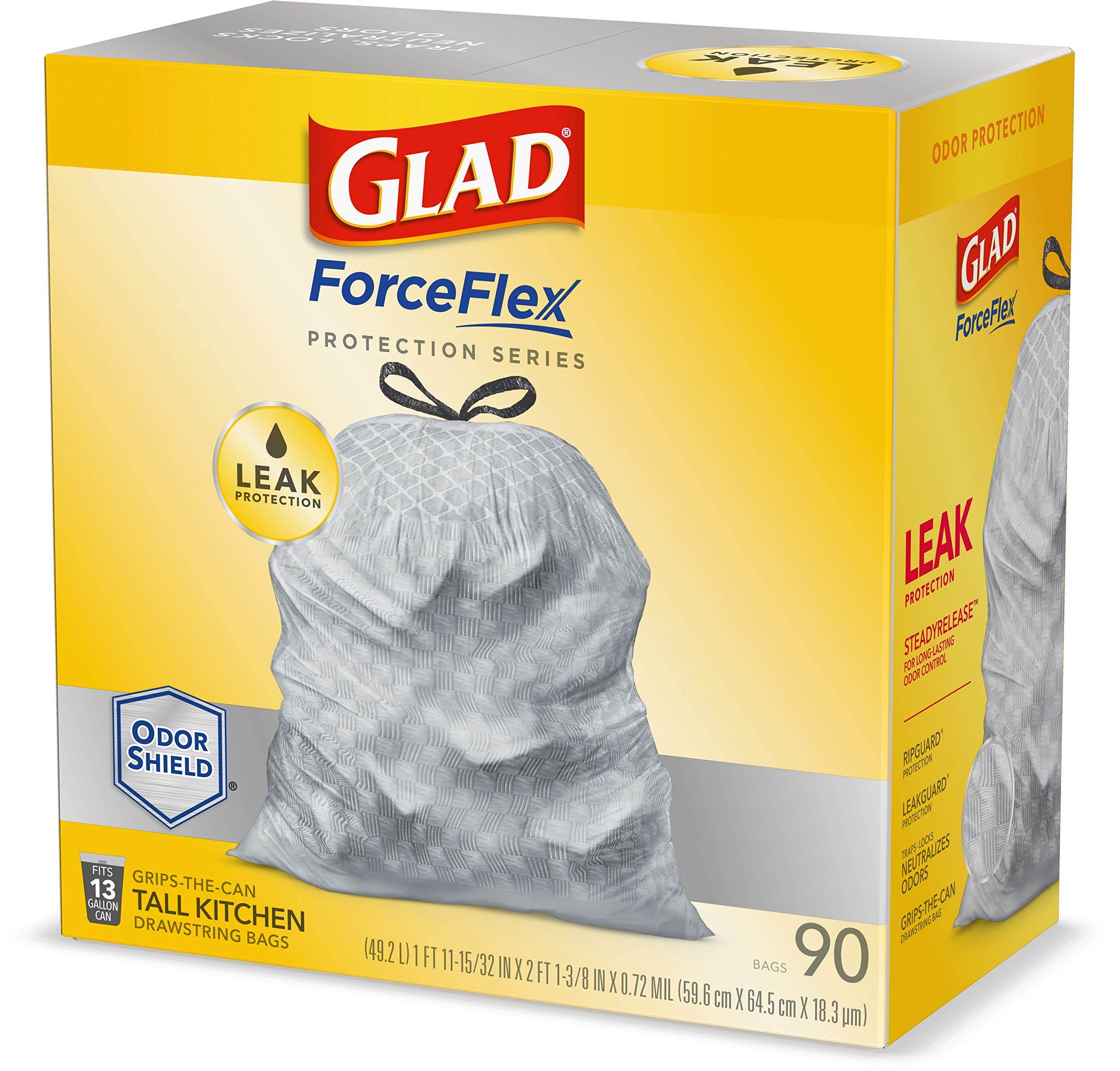 Glad ForceFlex Protection Series Tall Kitchen Trash Bags, 13 Gal, Unscented OdorShield, 90 Ct (Package May Vary)