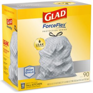 Glad ForceFlex Protection Series Tall Kitchen Trash Bags, 13 Gal, Unscented OdorShield, 90 Ct (Package May Vary)